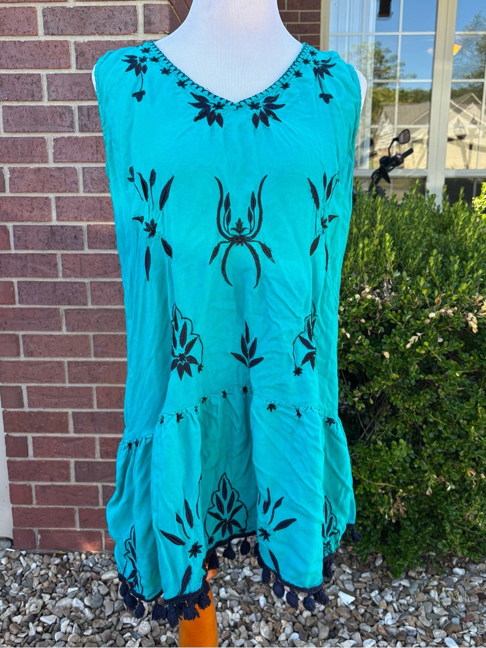 Turquoise Mini Dress with Black Embroidery